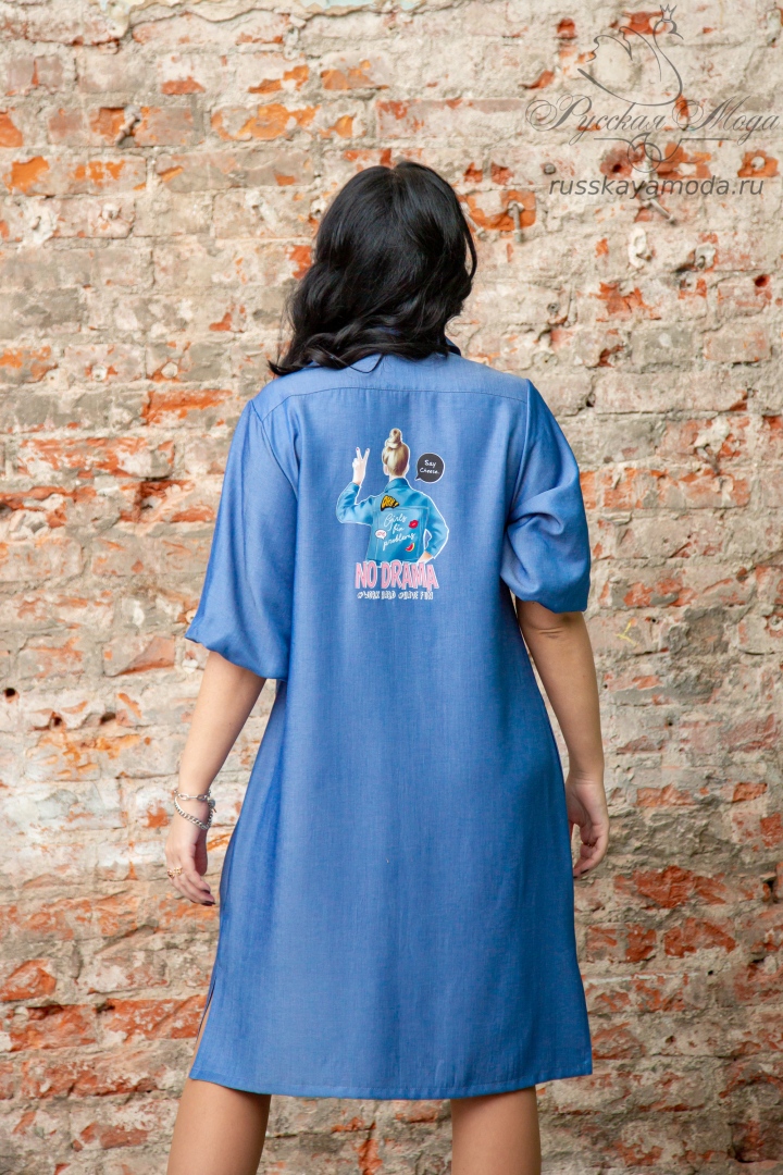 Платье с объёмным рукавом, пояс в комплекте, на спине аппликация

Состав ткани: тенсил голубой джинс 
78% хлопок, 18% полиэстер, 4% лайкра