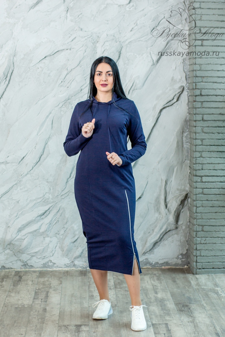 Трикотажное платье с разрезом на молнии

Состав ткани: футер тёмно-синий 
95% хлопок, 5% лайкра